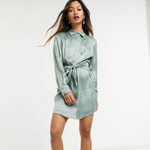 & Other Stories tie waist satin mini shirt dress in dusty green